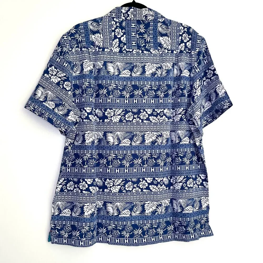 Havana Jim Tropical Button Down Shirt Blue White Large